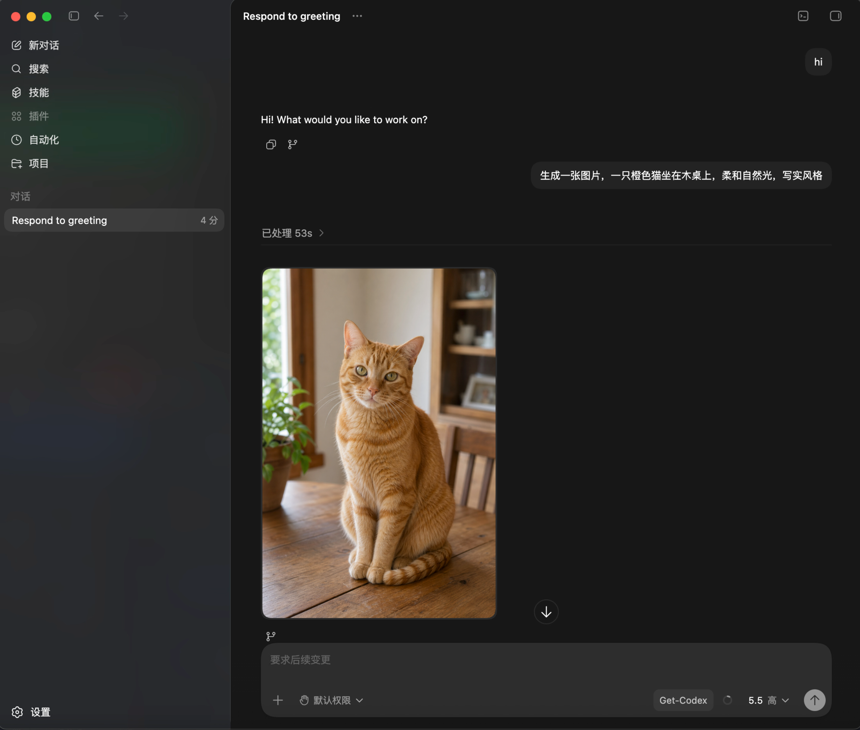Codex Desktop 保存配置后发送 hi 测试并正常返回